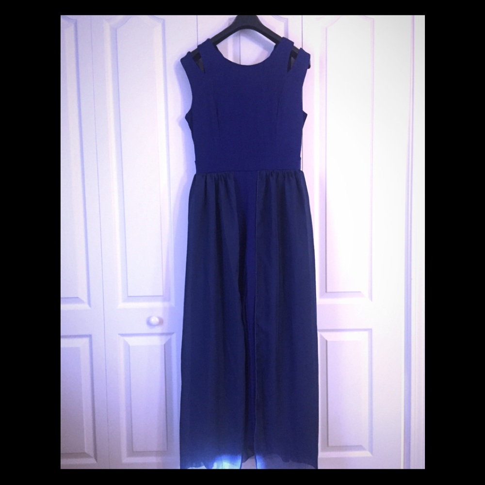 Royal blue jumpsuit chiffon overlay